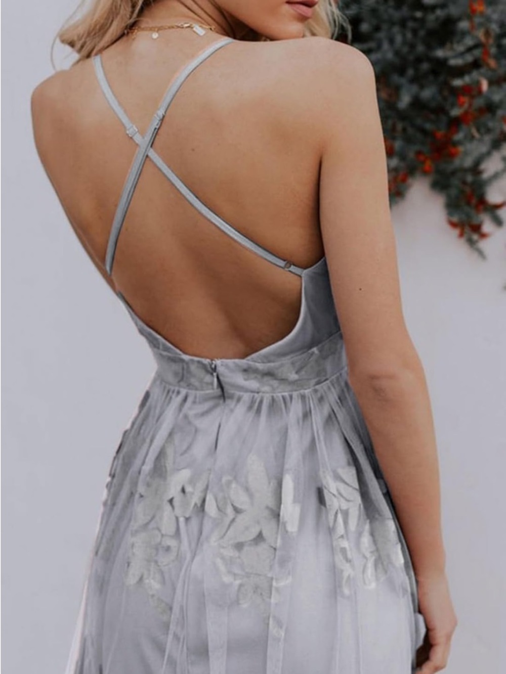 V-Neck Silver Gray Floral Lace Maxi boho crossback long Dress